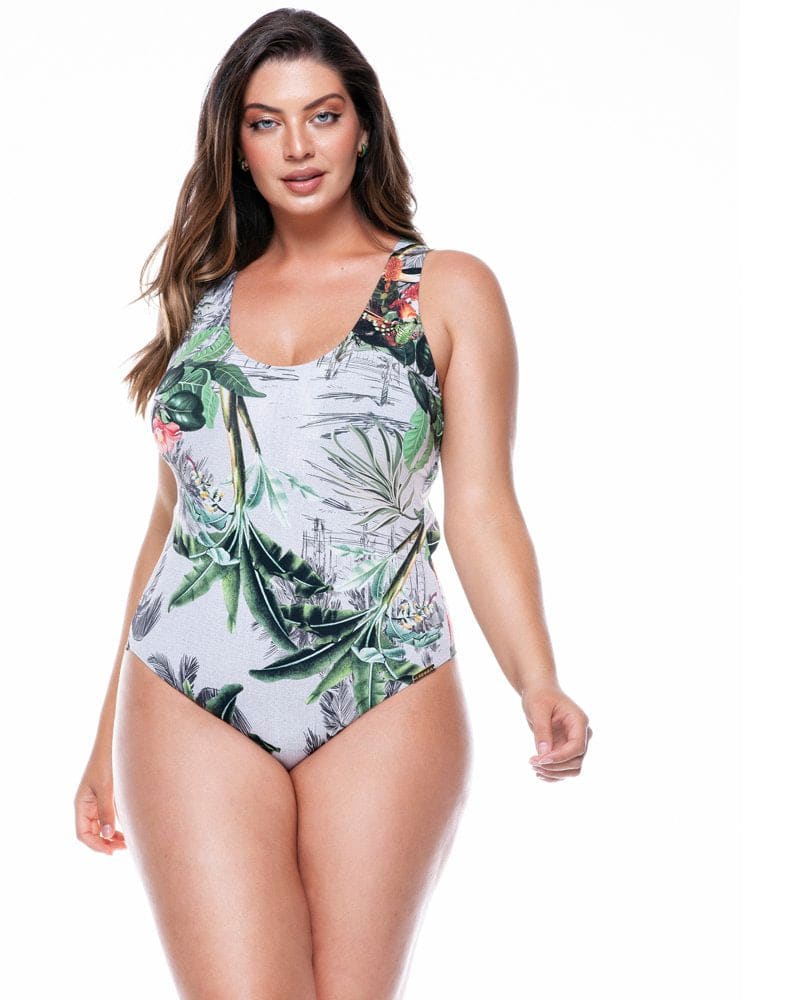 Front of a model wearing a size 14 G-String Cupped Bodysuit In Botanical Garden Print in Botanical Garden by Lehona. | dia_product_style_image_id:267565